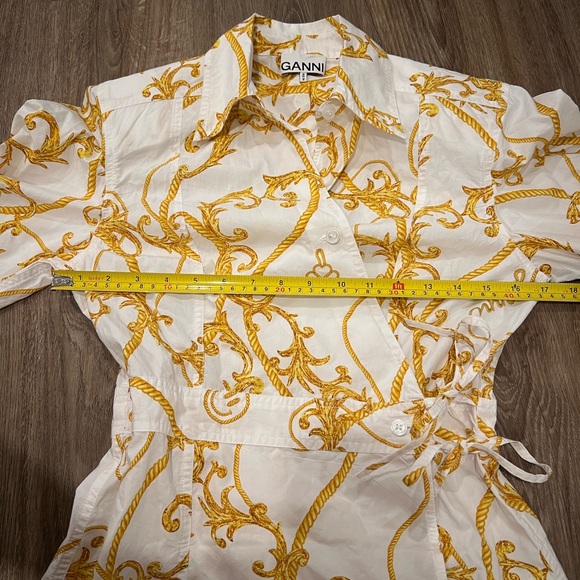 NWT GANNI 100% Cotton Gold And White Patterned Button Up Wrap Shirt - Picture 6 of 14